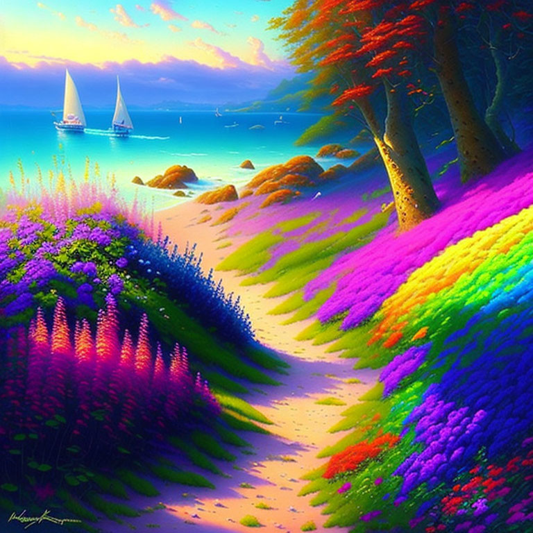 Colorful Landscape with Flowers, Trees, Path, Sailboats, and Serene Sea