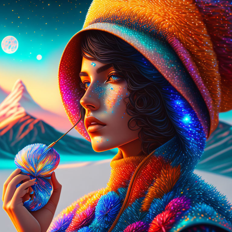 Colorful Portrait of Woman with Luminescent Flower Against Mountainous Twilight Sky