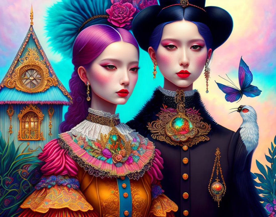 Stylized women in colorful attire with ornate house on vibrant background