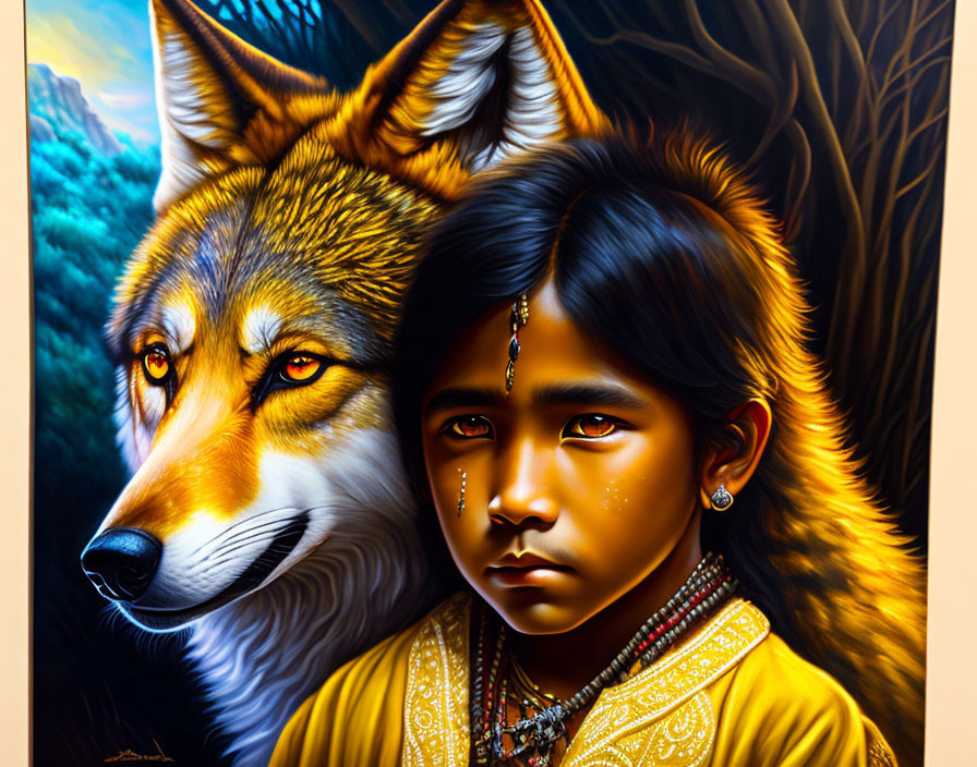 Young child and wolf in traditional attire in vibrant forest.