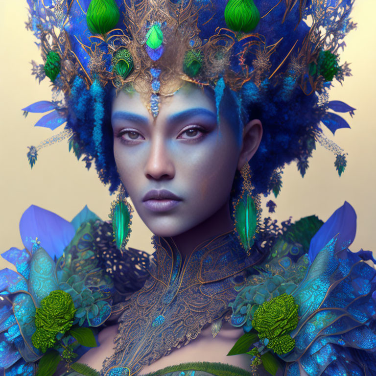 Portrait of person with blue and green headpiece and gold embroidery