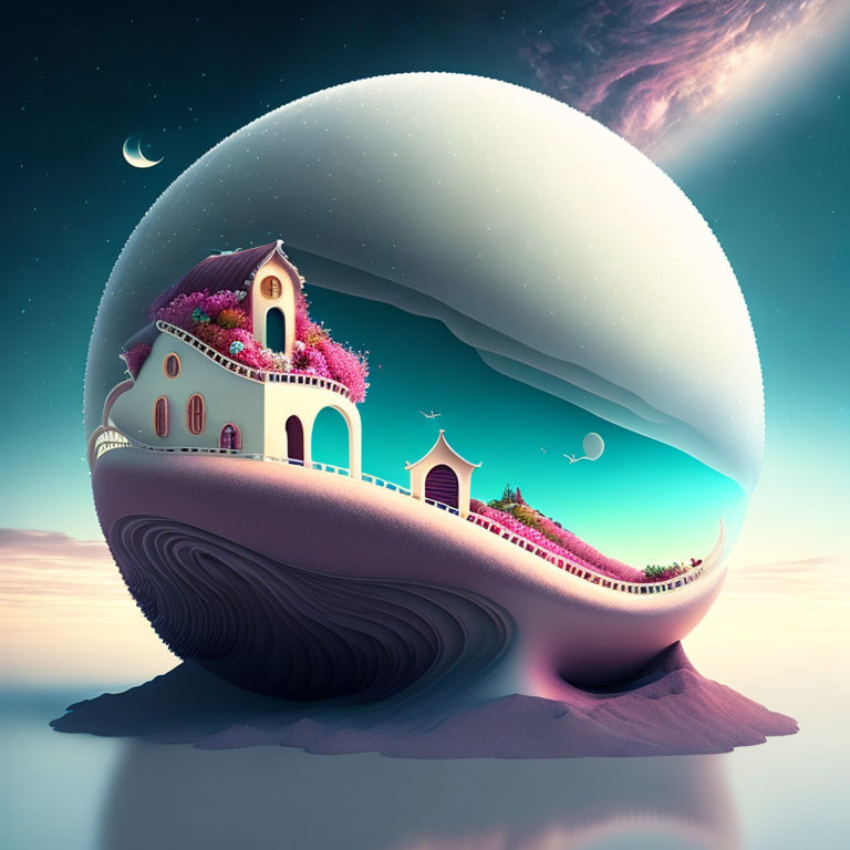 Surreal landscape with whimsical house and cosmic backdrop