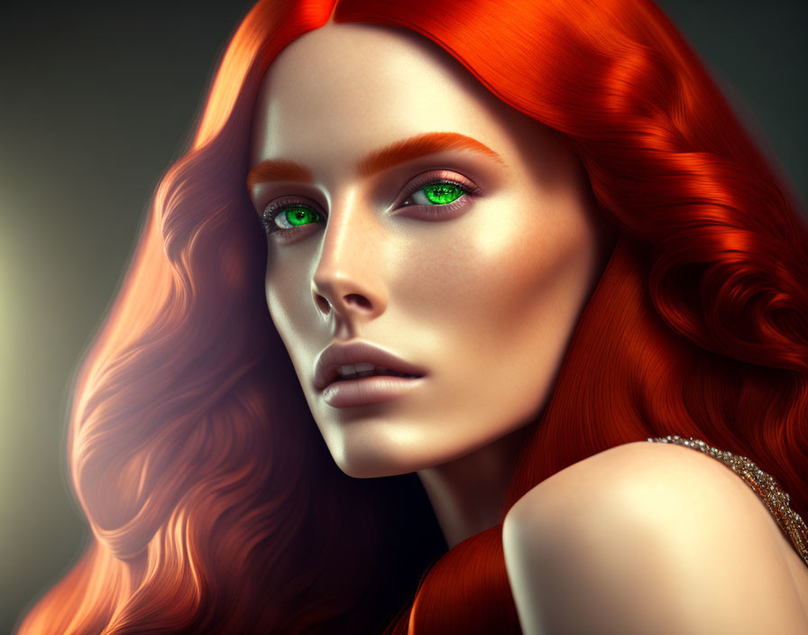 Vibrant red hair and green eyes in captivating digital portrait