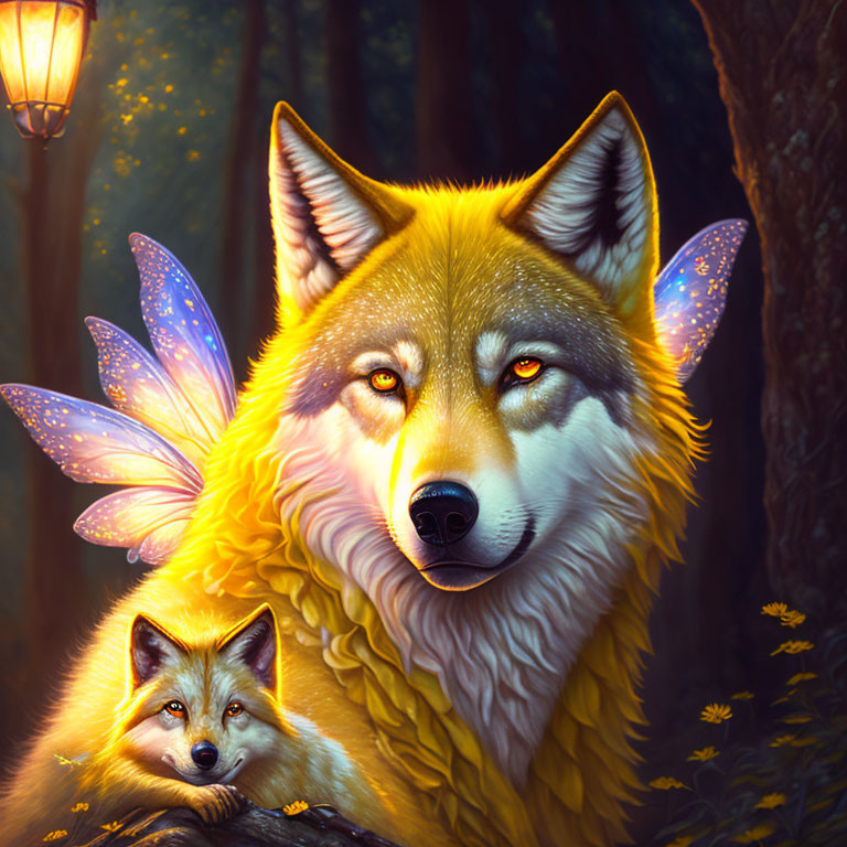 Mystical wolf with butterfly wings and smaller companion in enchanted forest