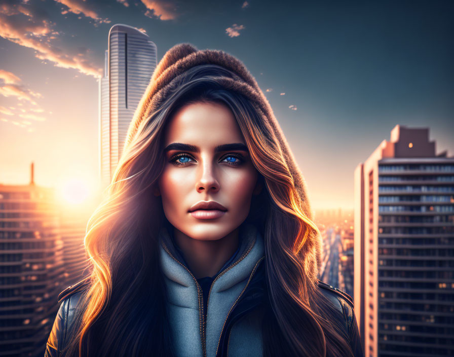 Woman with Blue Eyes in Furry Hat & Jacket at Sunset Cityscape