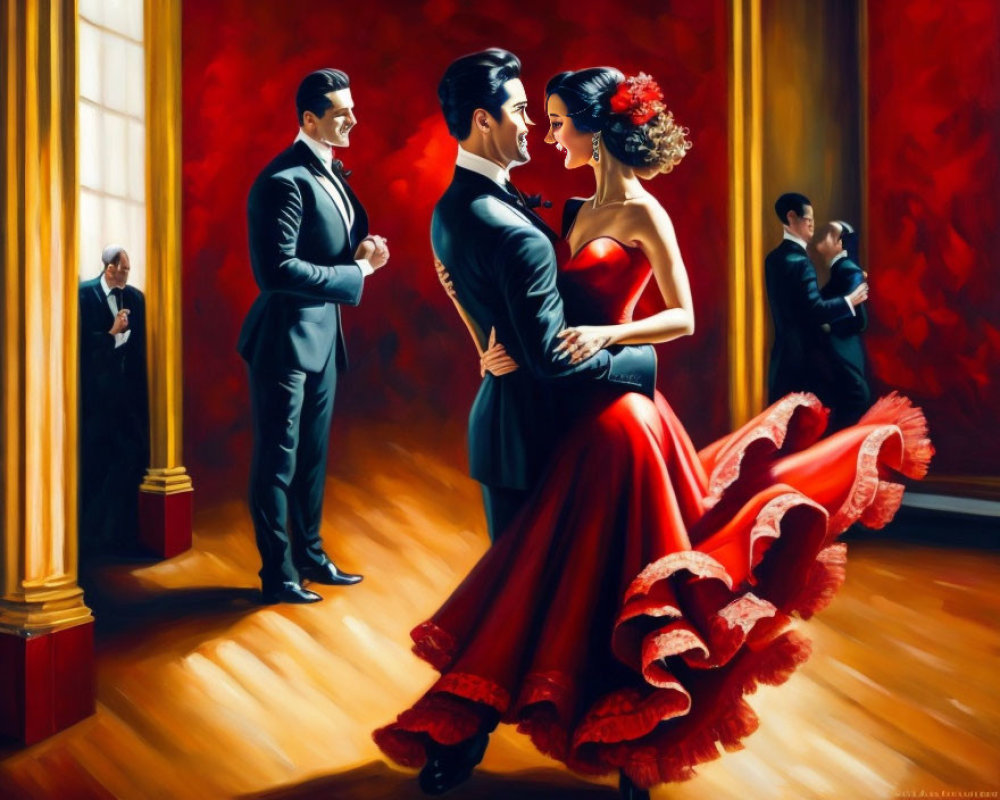 Luxurious ballroom scene: Elegant couple dancing, men in tuxedos watching