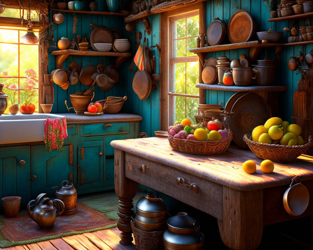 Rustic kitchen with wooden utensils, fruit bowl, and teal cabinets