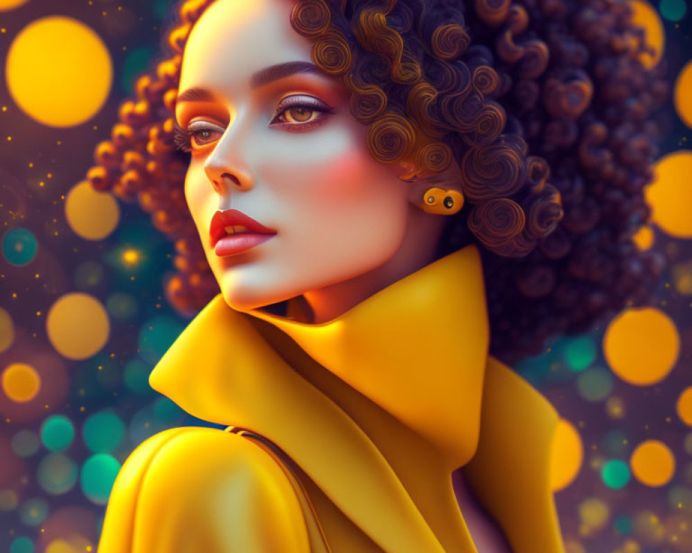 Curly-Haired Woman in Yellow Top with Red Lipstick and Thoughtful Expression