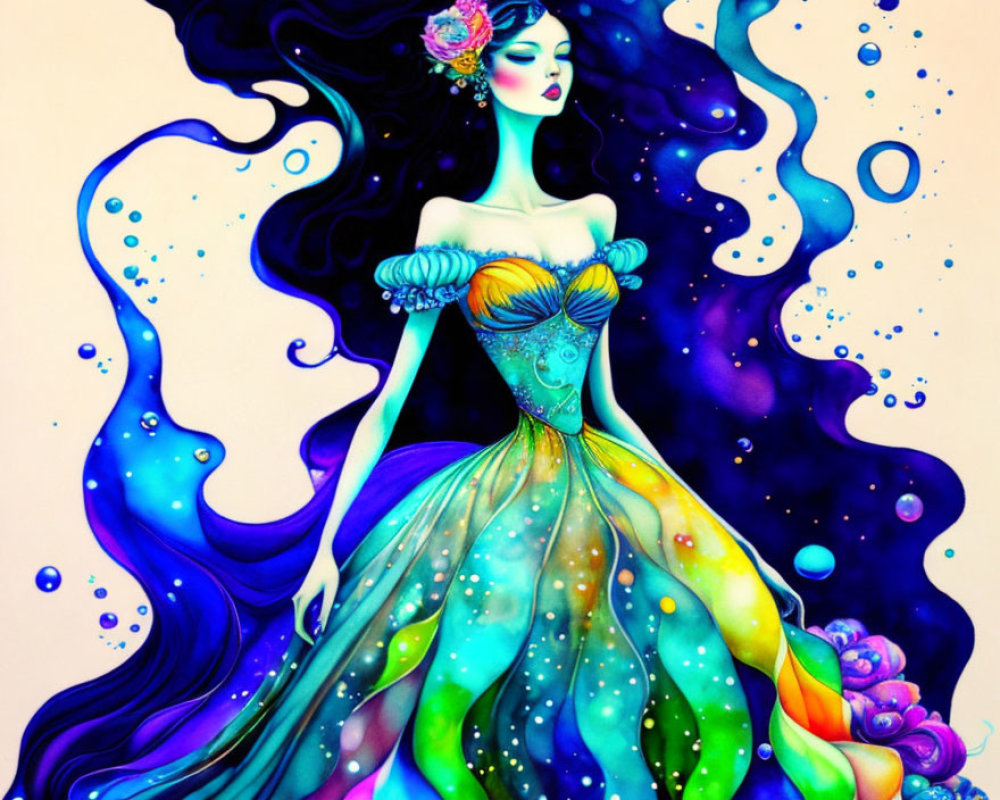 Colorful artwork featuring woman in flowing attire with vibrant hair and floral accessory.