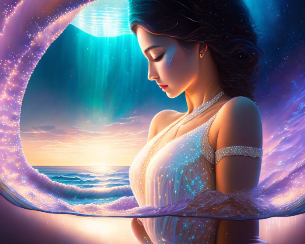 Digital Artwork: Woman with Celestial Features in Cosmic Sunset