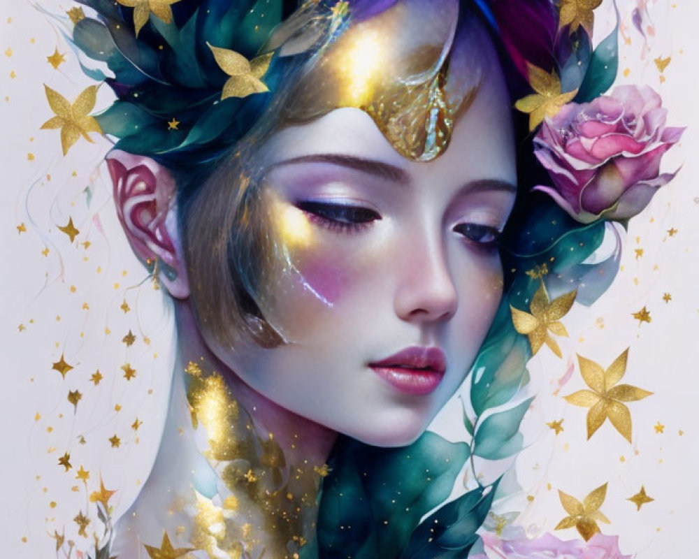 Digital artwork: Woman adorned with floral and starry elements in deep purples, blues, and