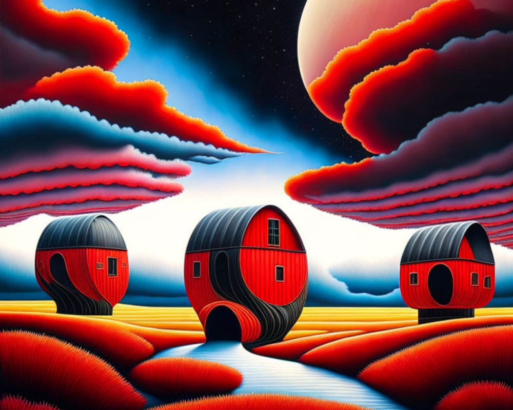 Surreal Landscape with Red Dwellings, Striped Fields, River, Planets, and