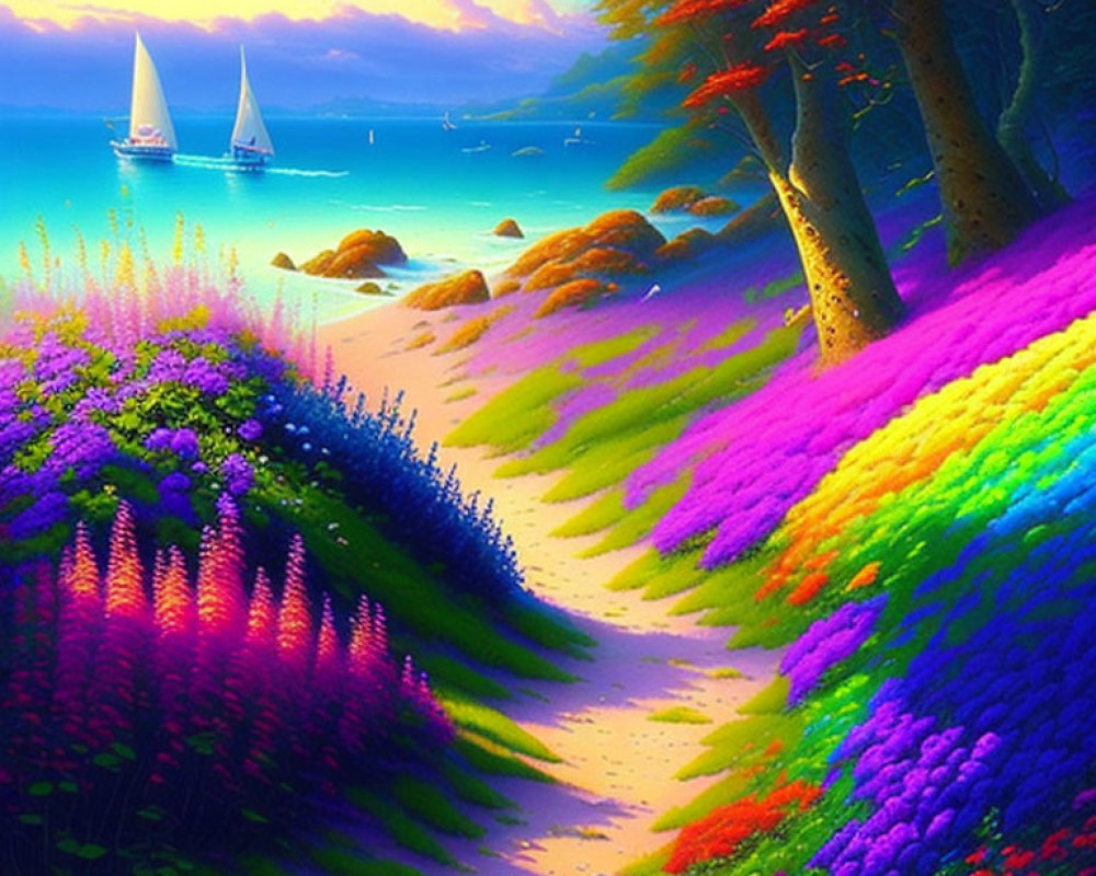 Colorful Landscape with Flowers, Trees, Path, Sailboats, and Serene Sea