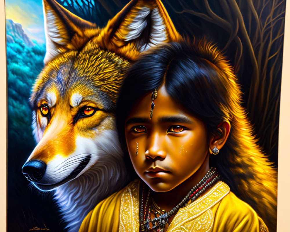 Young child and wolf in traditional attire in vibrant forest.