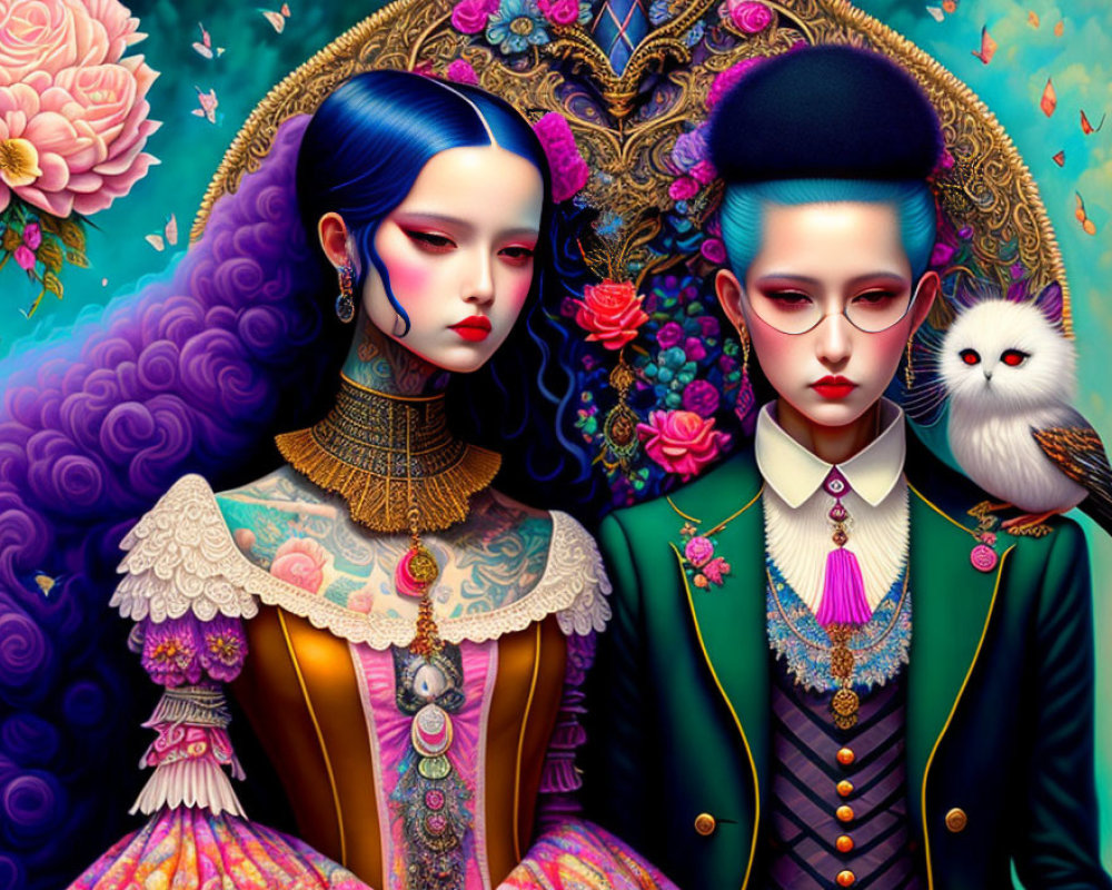 Digital Artwork: Stylized Figures in Elaborate Historical Attire