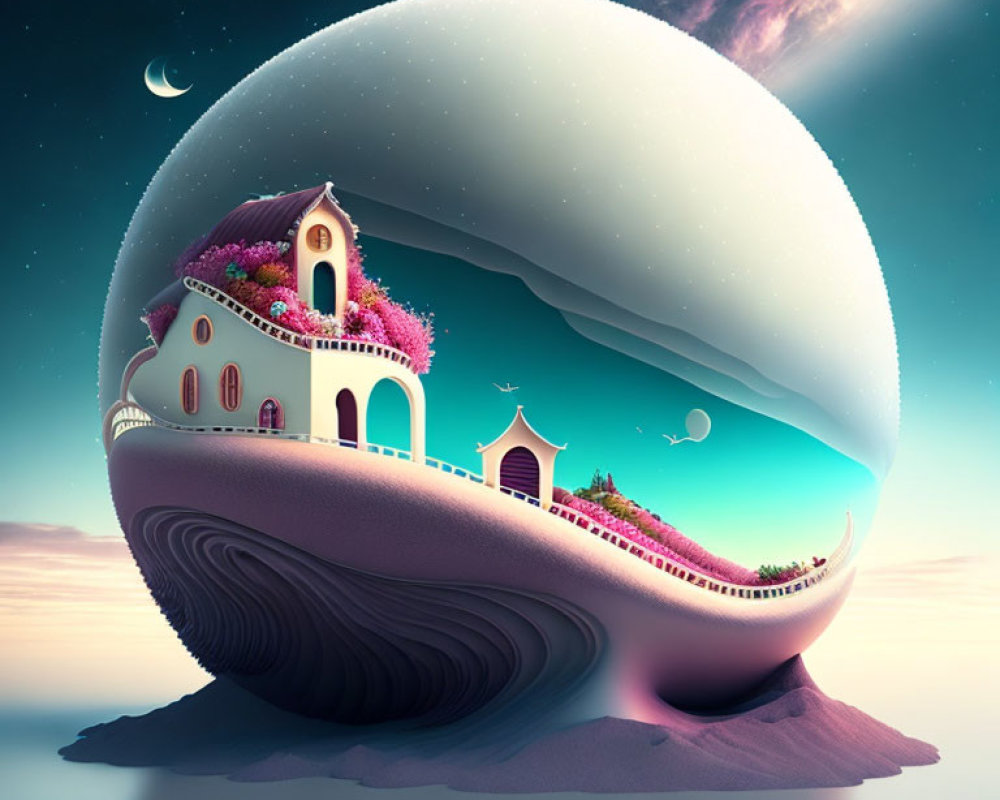 Surreal landscape with whimsical house and cosmic backdrop