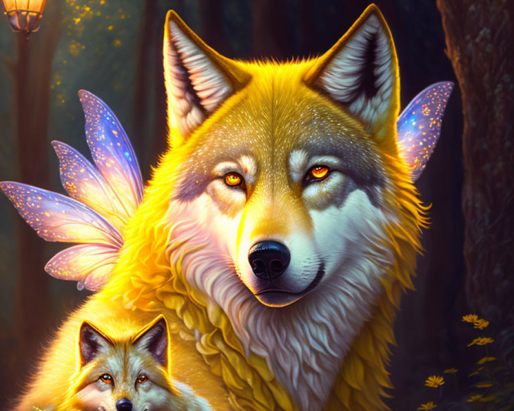 Mystical wolf with butterfly wings and smaller companion in enchanted forest