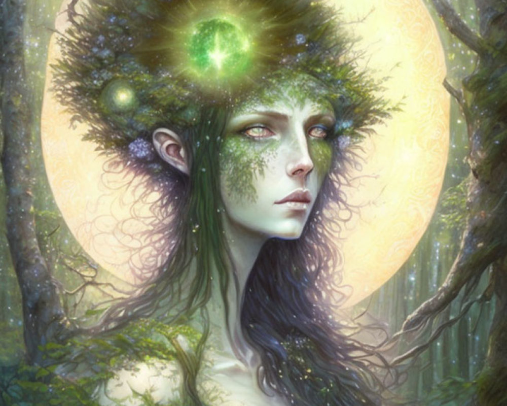 Mystical figure with foliage hair in ethereal forest