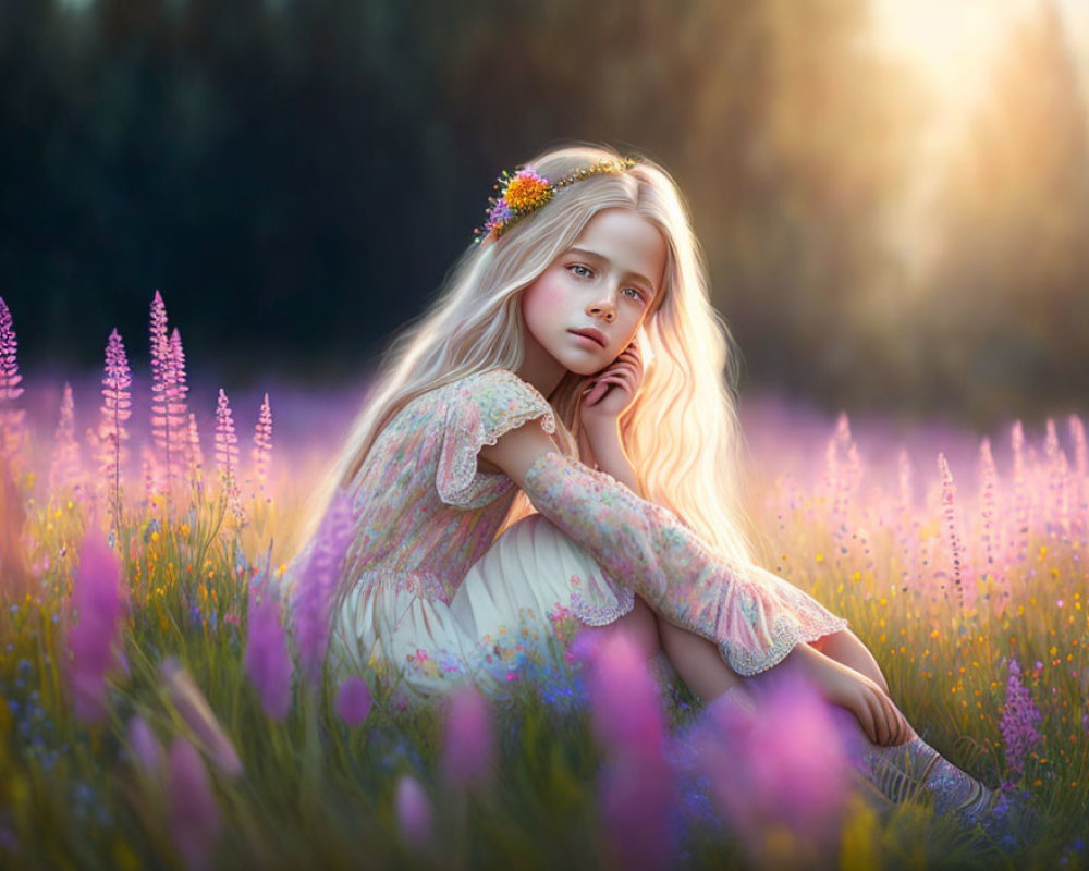 Blonde girl sitting in purple flower field at sunset