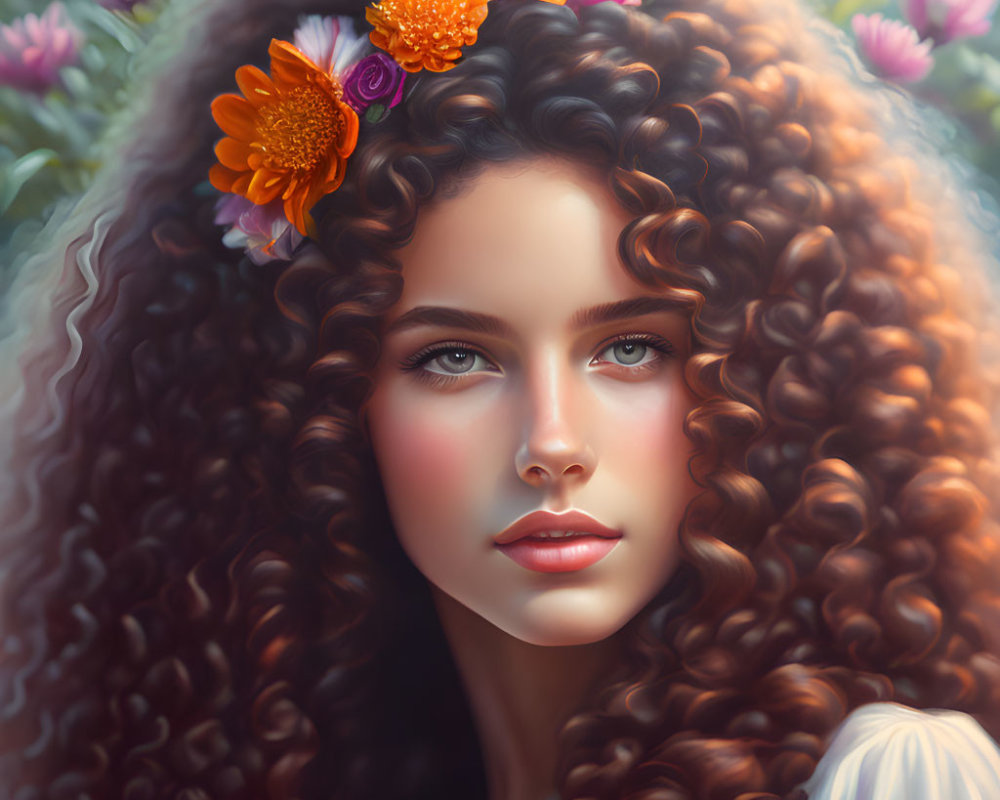 Digital portrait: Woman with voluminous curly hair and orange flowers, set against soft pink blooms.