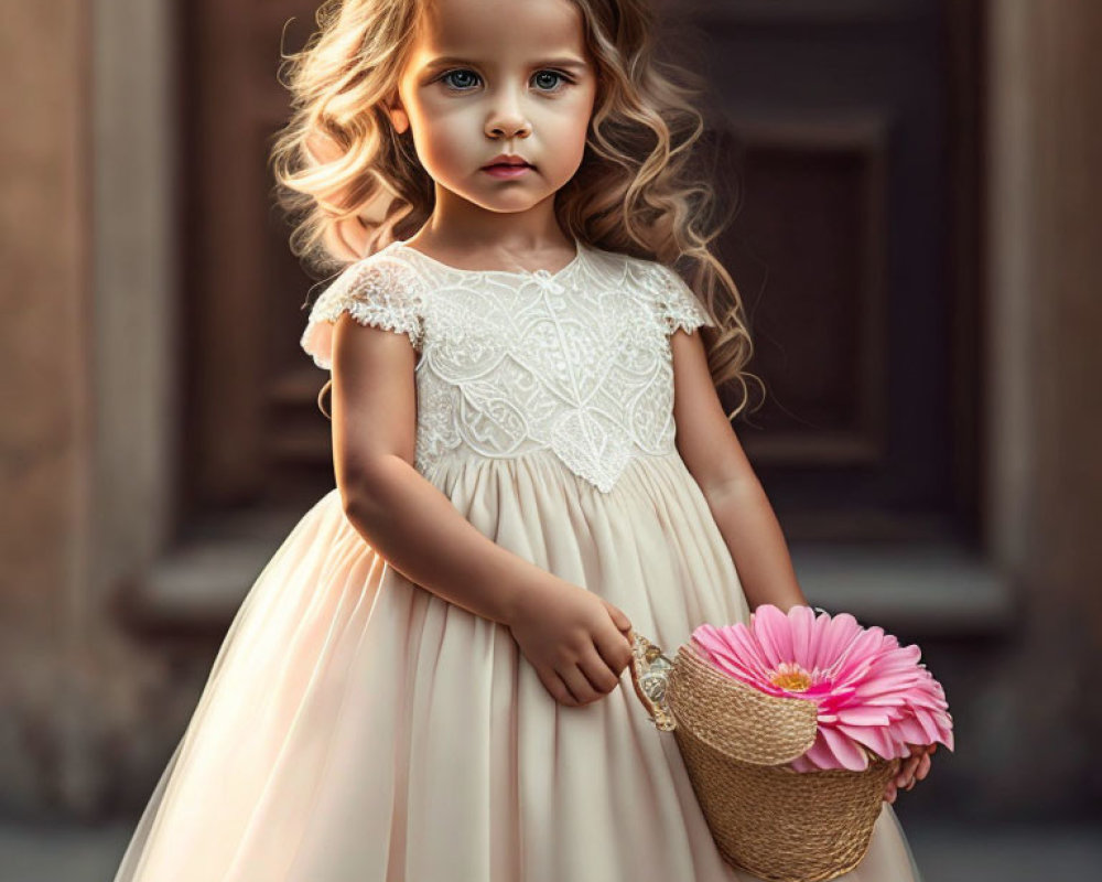 Young girl in peach dress with floral crown holding pink flower basket by wooden door