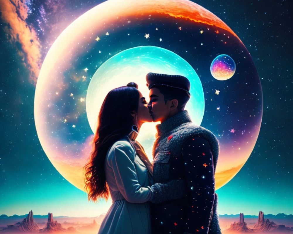 Romantic couple kissing under cosmic backdrop with vibrant planet and celestial bodies.