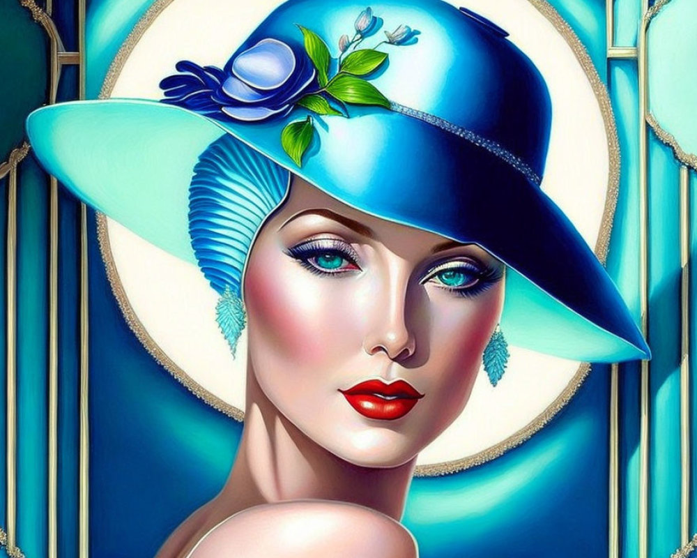 Illustrated woman with blue eyes in blue hat on teal background