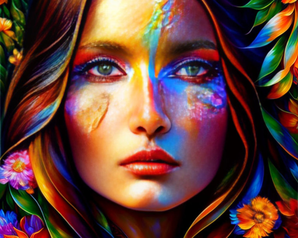 Colorful floral digital portrait of a woman with vivid hues and intricate flower patterns.