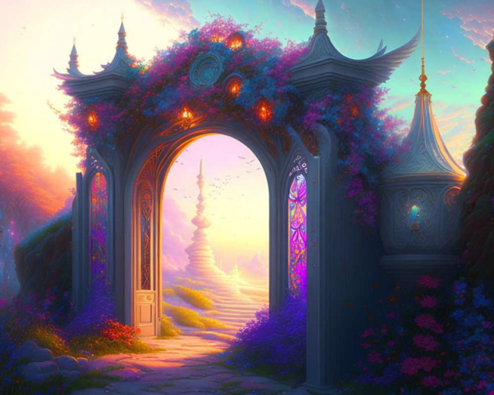 Ornate gate with flowers leads to mystical tower in warm light