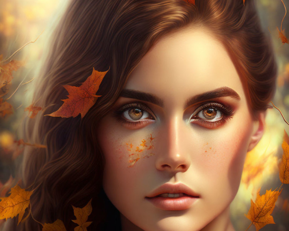 Close-up of woman's face with sparkling eyes and freckles in autumn leaves