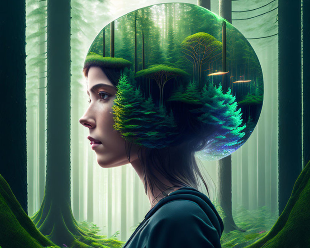 Transparent sphere reflects forest on woman's head in surreal blend