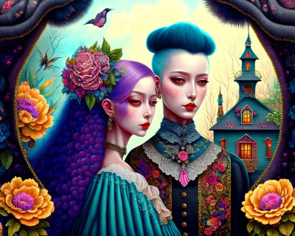 Stylized characters with vibrant hair and intricate clothing in floral setting.