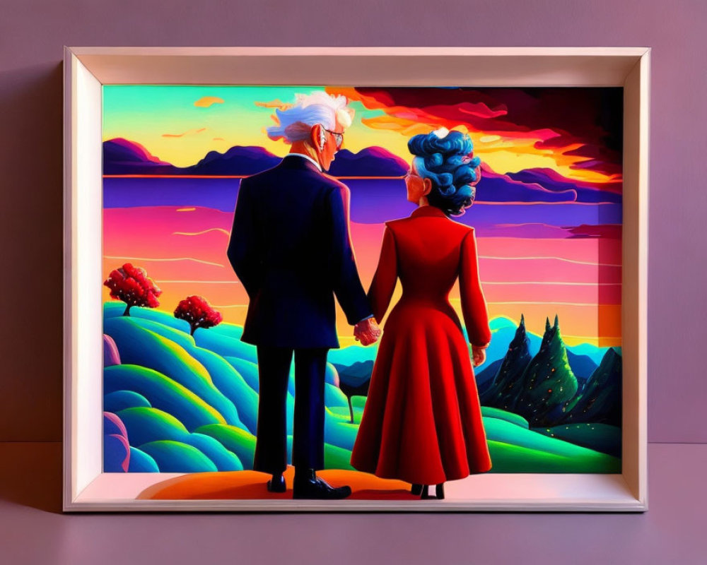 Elderly Couple Admiring Vibrant Landscape Artwork