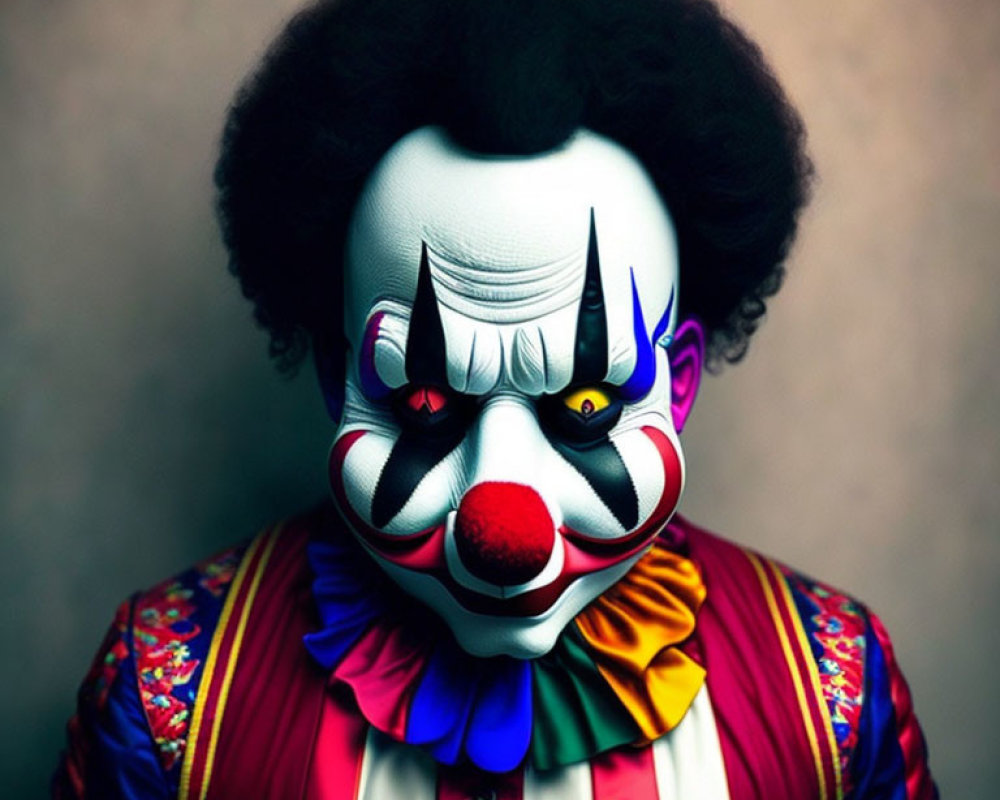 Intense clown in vibrant makeup and colorful costume