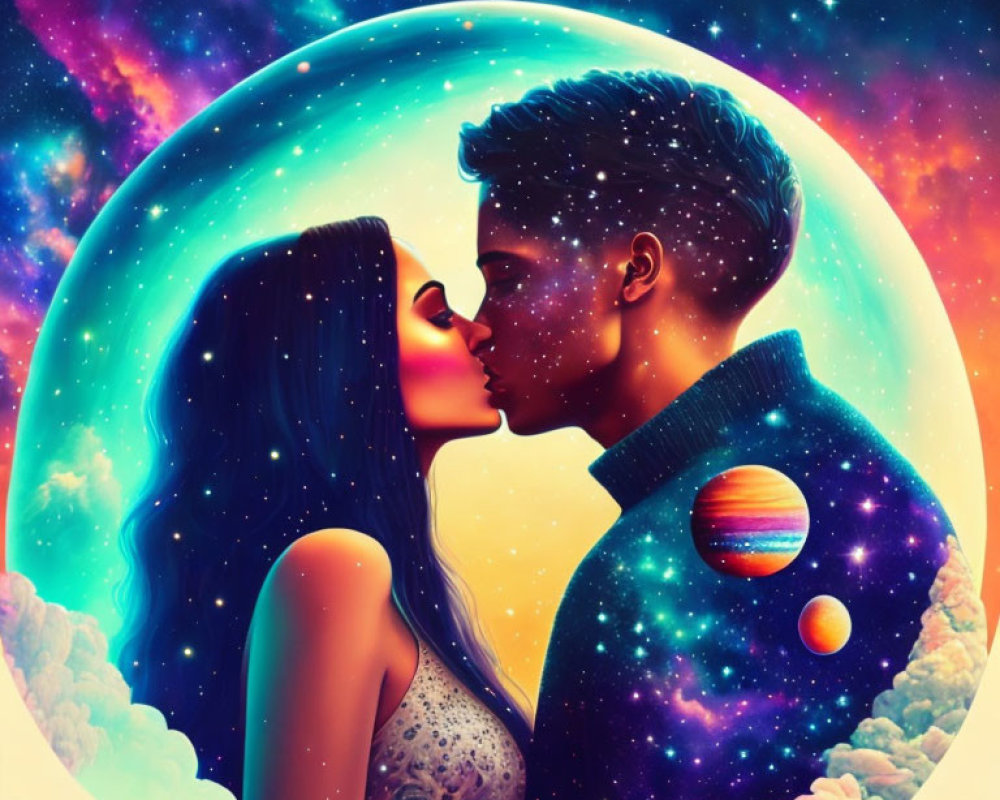 Cosmic-themed digital artwork of a couple silhouetted in a kiss