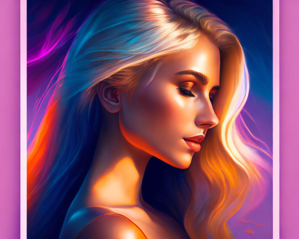 Side profile digital artwork: Woman with flowing blonde hair under blue and orange lighting