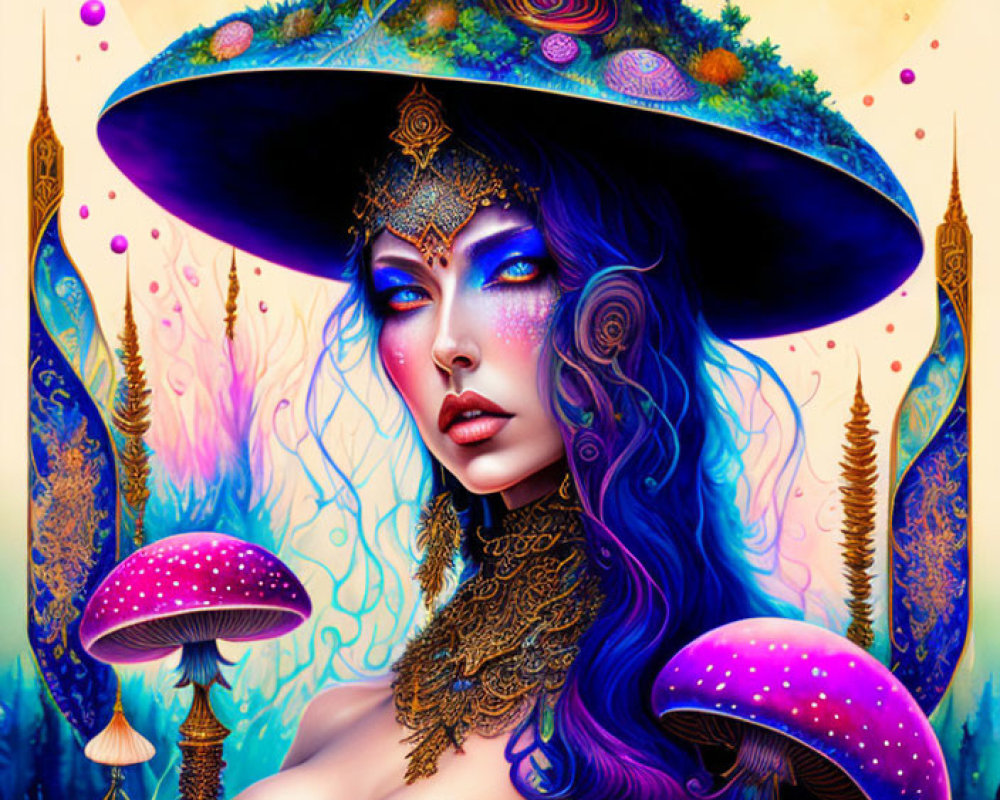 Fantasy illustration of woman with blue skin and hair, surrounded by luminescent mushrooms and ethereal