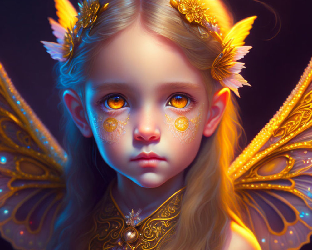 Ethereal child with golden butterfly wings and floral adornments