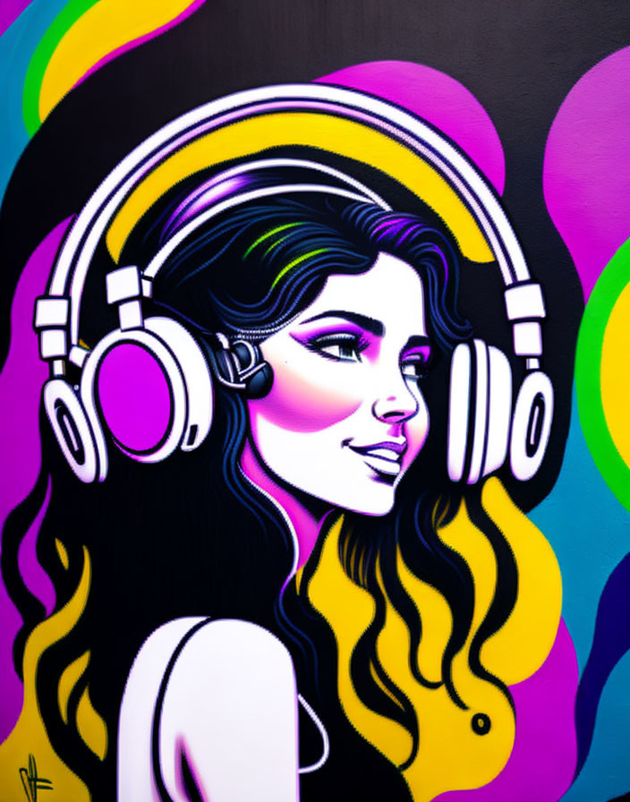 Colorful Pop Art Portrait of Woman with Headphones on Abstract Background