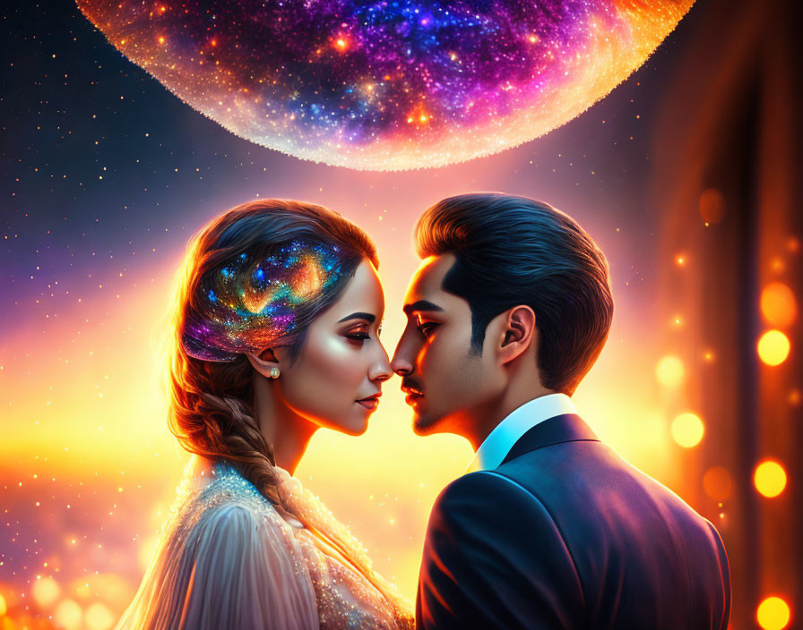 Cosmic-themed couple digital artwork with vibrant galaxy background