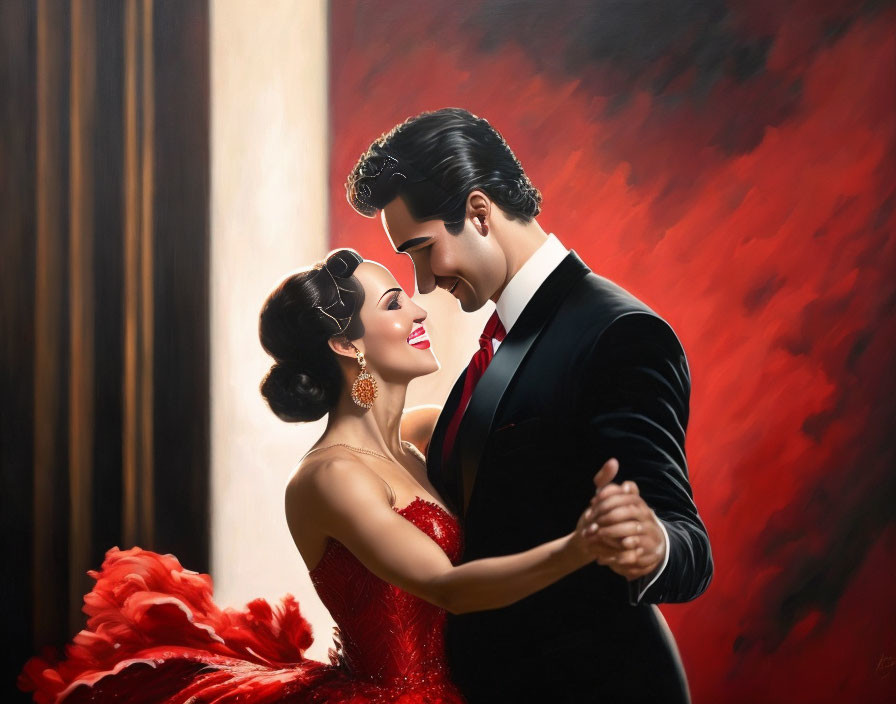 Stylish couple dancing in red dress and tuxedo on red and black background