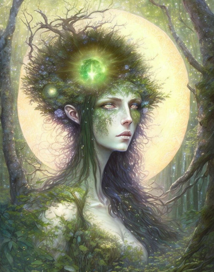 Mystical figure with foliage hair in ethereal forest