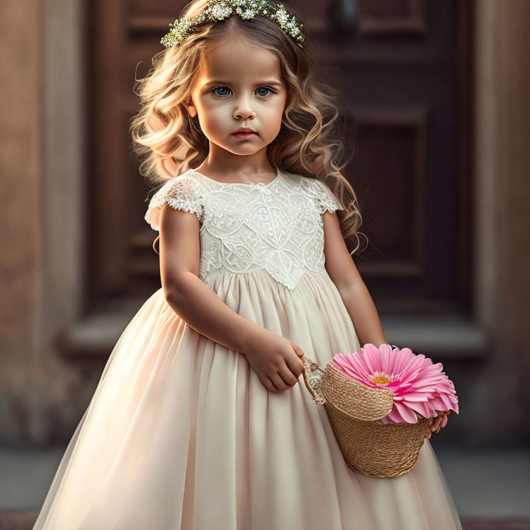 Young girl in peach dress with floral crown holding pink flower basket by wooden door