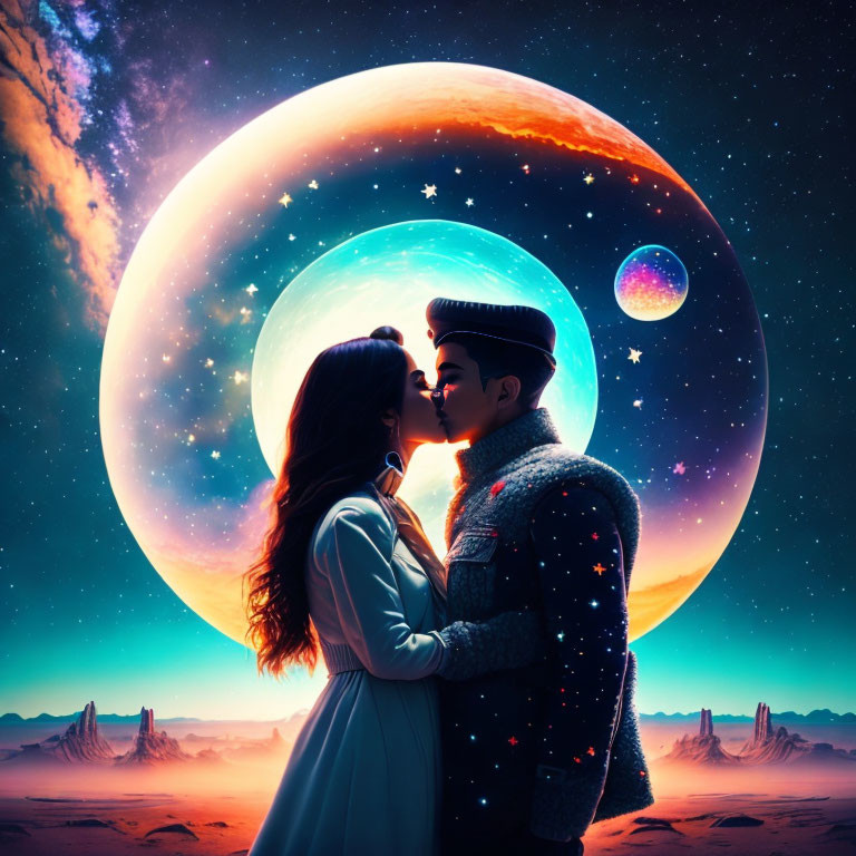 Romantic couple kissing under cosmic backdrop with vibrant planet and celestial bodies.