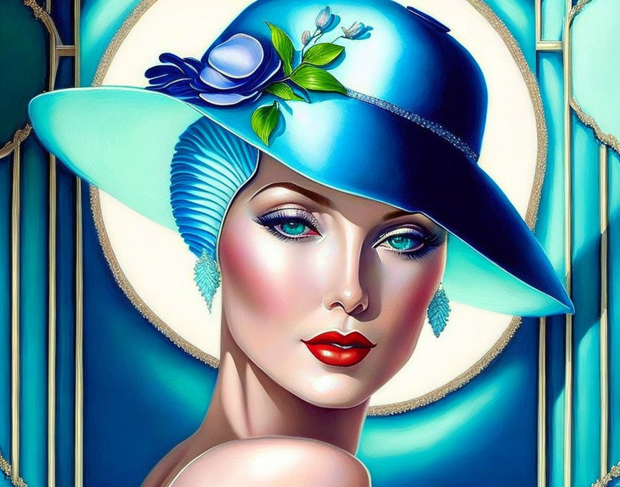 Illustrated woman with blue eyes in blue hat on teal background