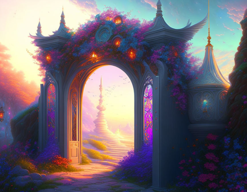 Ornate gate with flowers leads to mystical tower in warm light