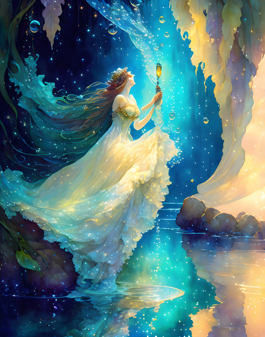 Elegant woman in flowing dress toasting under starlit canopy