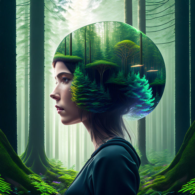 Transparent sphere reflects forest on woman's head in surreal blend