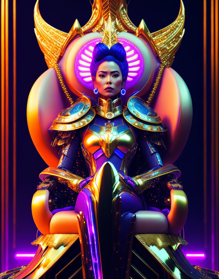 Elaborate golden headdress and armored suit on regal figure seated on neon-accented throne