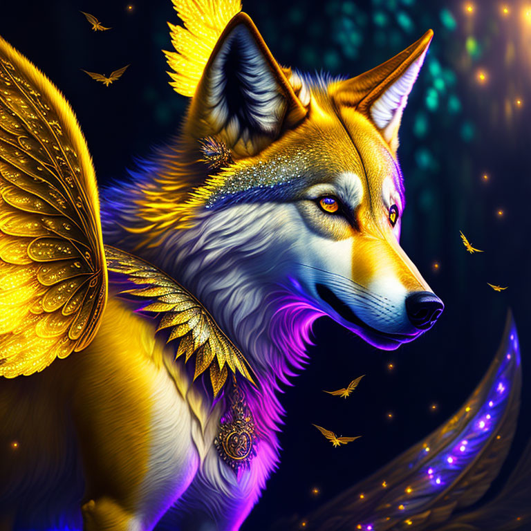 Golden butterfly-winged wolf on dark starry backdrop with sparkling fur and floating leaves